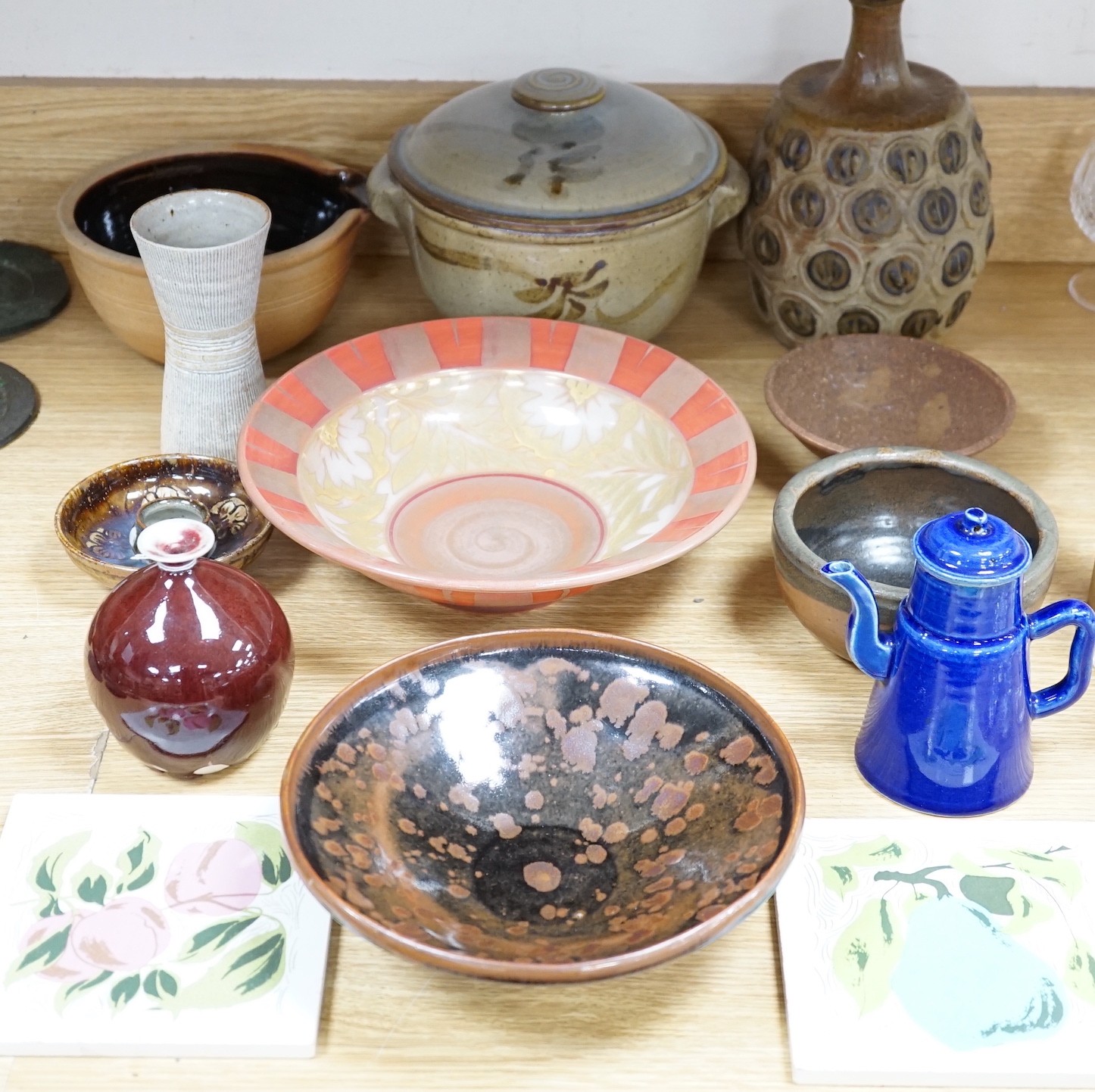 A group of studio ceramics, including a Jonathan Chiswell-Jones lustre bowl, two Carter 1954 tiles, a Matt Grimitt pouring bowl etc.